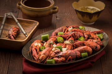 Steamed crawfish and peppers.