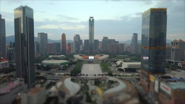 Sunset Tianhe Sports Centre Stadium Guagzhou Parc Central Mall Aerial Panorama Tilt-shift 4k China