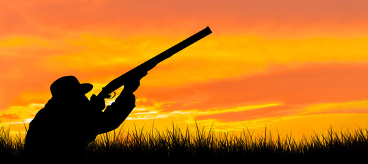 Silhouette of a hunter with a gun in the reeds against the sun, an ambush for ducks with dogs