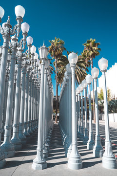 'Urban Light' - a large-scale assemblage sculpture by Chris Burden at the Los Angeles County Museum of Art. The installation consists of 202 restored street lamps.