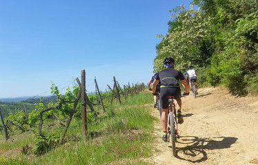 Fototapeta na wymiar Escursione in bicicletta in campagna, divertimento e fatica