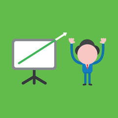 Vector illustration concept of businessman character with sales chart arrow moving up out of chart on green background.