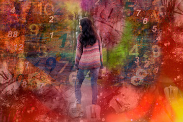 Woman and numbers on a red background