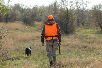A man with a gun in his hands and an orange vest on a pheasant hunt in a wooded area in cloudy...