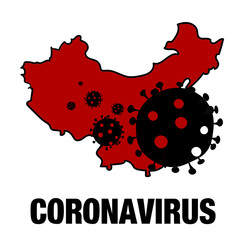 Red map of China with black viruses isolated on white background. Coronavirus epidemic concept