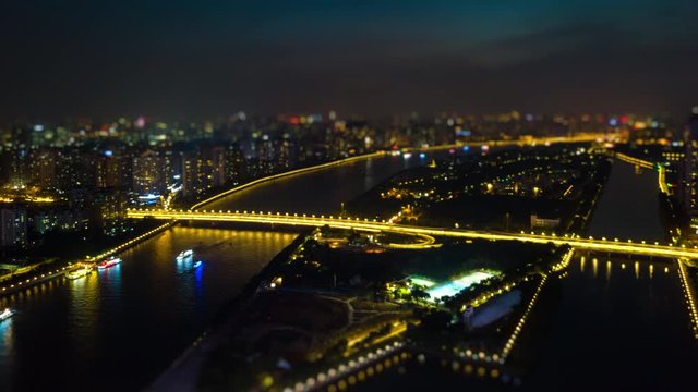 night time guangzhou pearl river haixinsha island park aerial tilt shift panorama 4k timelapse china