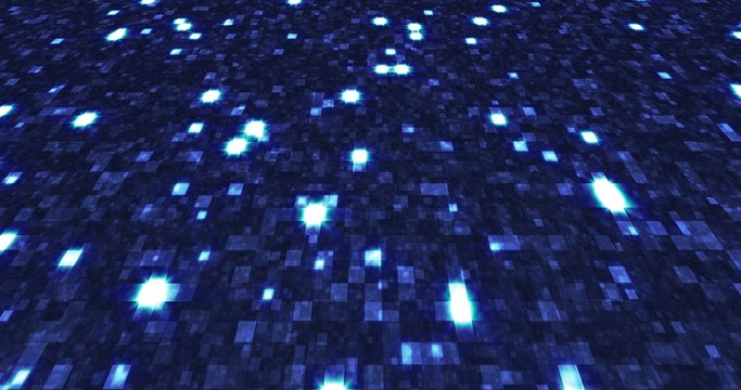 Blue neon technology background. Glittering blue poligons moving in a cyberspace.