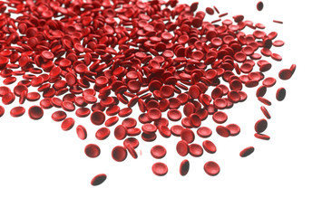 Red blood cells spilling out on white background. 3D illustration, conceptual image.