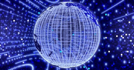 Neon Digital binary background with rotating Blue Planet earth. animation for network, digital event. 3D illustration