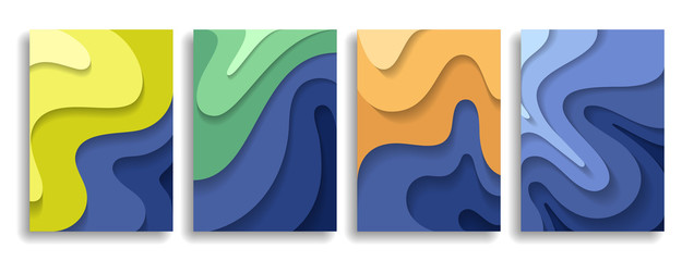 Collection of modern designer covers. Paper cut wavy layers. Gradation of color. Eps10 vector