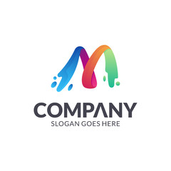 Letter M water splash vector logo design, colorful liquid initial letter logo template, abstract company brand identity, 3d gradient color style