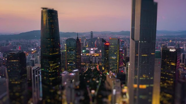 sunset time guangzhou new town downtown square aerial tilt shift panorama 4k timelapse china
