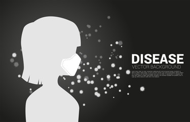 Silhouette girl with mask and particle wuhan or Corana virus background. Concept for flu sickness and illness.