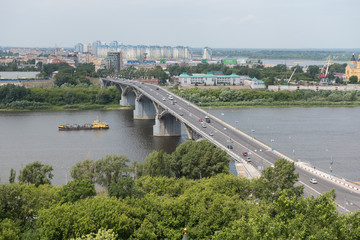 Transport on Kanavinskiy bridge over river Oka in Nizhniy Novgorod city