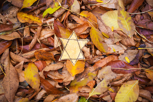 Hebrew inscription "remember", cande and Star of David on autumn leaves in the park