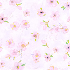 Charming hand painted paintings with delicate pink watercolor flowers, leaves and buds. Seamless pattern for textile prints, children’s poster, cute stationery, close-up, copy space