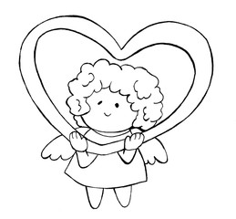 black and white illustration, children's coloring book, cute cartoon-style angel with curly hair with heart isolated on white background, Wallpaper, fabric, textures, design, and so on