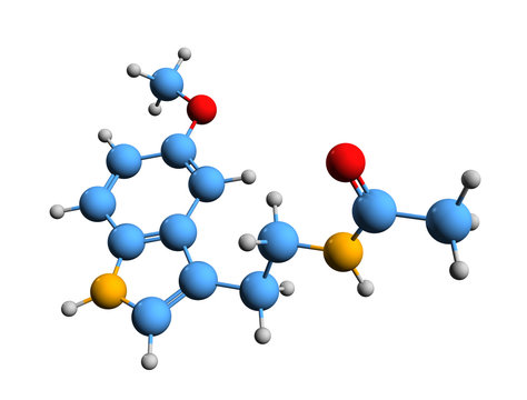3D image of melatonin skeletal formula - molecular chemical structure of N-acetyl-5-methoxy tryptamine  isolated on white background
