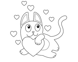 Loving, dreamy cat with hearts. Funny kitten hugs a big heart surrounded by small hearts - vector linear picture for coloring for Valentine's Day. Outline.