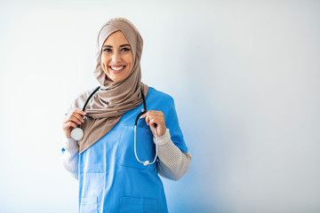 Closeup portrait of friendly, smiling confident muslim female nurse. Authentic Confident Middle...