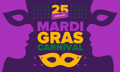 Mardi Gras Carnival in New Orleans. Fat Tuesday. Traditional holiday, celebration annual. Folk festival, costume masquerade, fun party. Carnival mask. Poster, card, banner and background. Vector illus