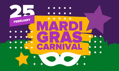 Mardi Gras Carnival in New Orleans. Fat Tuesday. Traditional holiday, celebration annual. Folk festival, costume masquerade, fun party. Carnival mask. Poster, card, banner and background. Vector illus