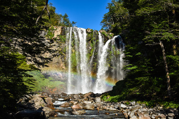  BeautifulDora Waterfall, in Villa La Angostura full of vegetation and a rainbow
