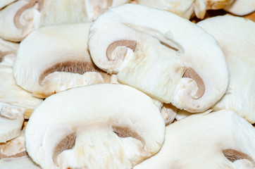Sliced champignon mushrooms, ingredient of many delicious culinary dishes