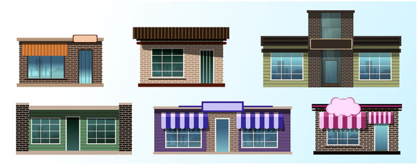 Six options for architecture buildings. Office, home, school, shopping center. Vector.