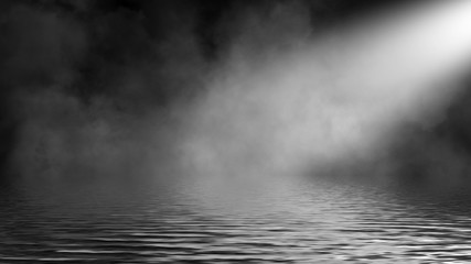 Divine light through a dark fog. The rays beam light on the floor. Spotlight on isolated background. Stock illustration.. Reflection on water.