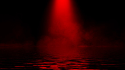 Divine light through a dark fog. The rays red beam light on the floor. Spotlight on isolated background. Stock illustration.. Reflection on water.