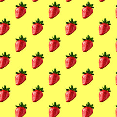 Seamless pattern made with fresh strawberrys on the yellow background.