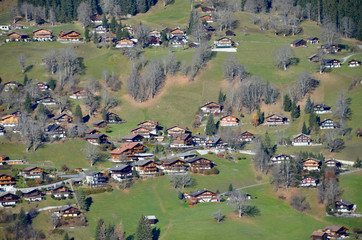Fototapeta na wymiar ヴェンゲルンアルプ鉄道車窓から、スイスの山村風景