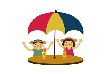 シーズン。夏のイラスト。 リゾートのクリップアート。 ビーチパラソルの下の子供たち。