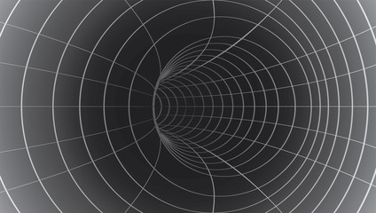 Tunnel or wormhole. Digital wireframe tunnel. 3D tunnel grid. Background abstract vector image