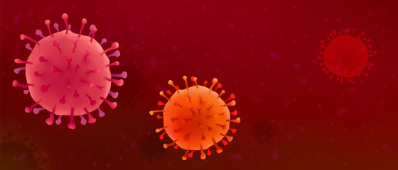 Vector coronavirus cells illustration on dark red background. Abstract horizontal science header banner backdrop