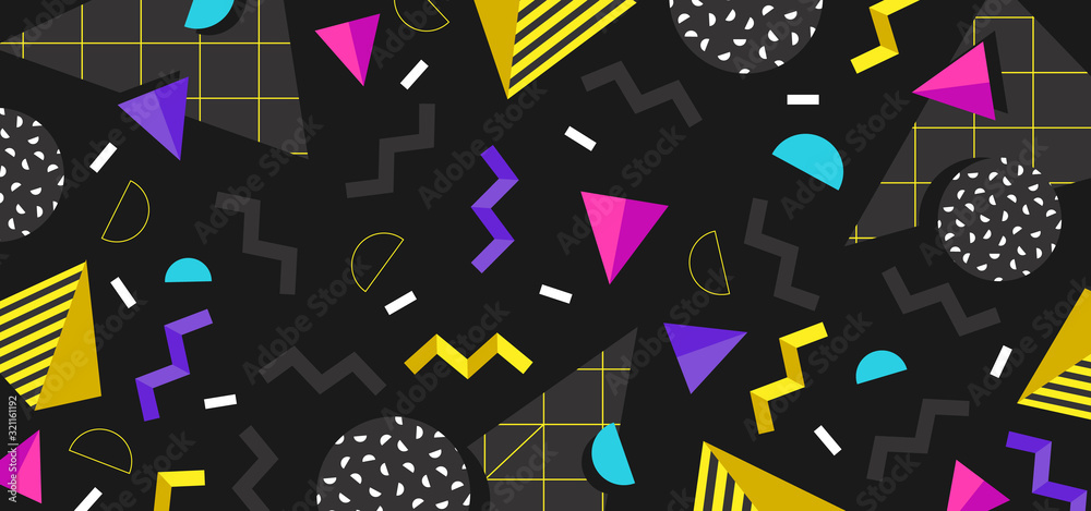 Wall mural background in the style of the 80s with multicolored geometric shapes on the black background. illus