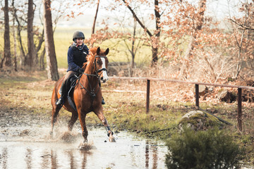 Reiterin galoppiert mit ihrem Pferd durch einen Wassergraben 