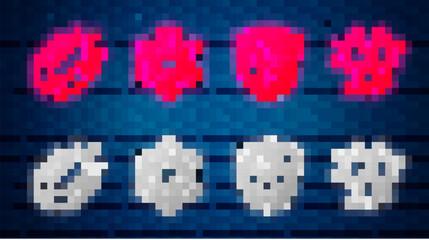 Set line Atom, Radioactive in shield, Magnet and Chemical formula. Glowing neon icon on brick wall. Vector