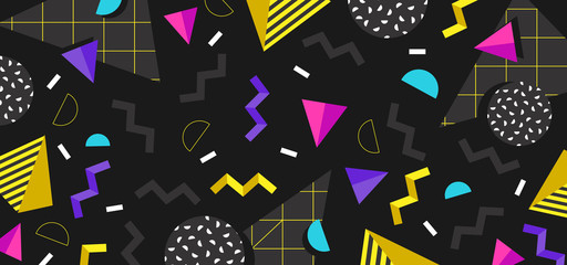 Background in the style of the 80s with multicolored geometric shapes on the black background. Illustration for hipsters Memphis style