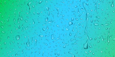 Background with drops and streaks of water in green and light blue colors, flowing down the surface