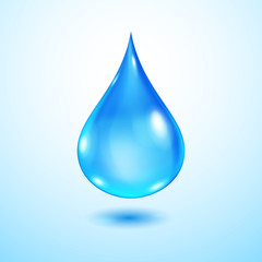 One big realistic translucent water drop in blue colors with shadow