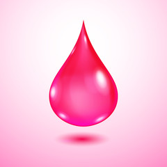 One big realistic translucent water drop in red colors with shadow