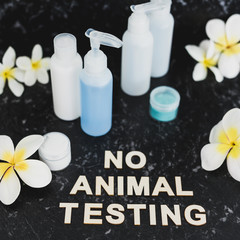 cruelty-free beauty, No Animal Testing message among lotions and cosmetic products on black marble desk