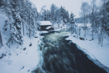 Winter snowy view of Oulanka National Park landscape, a finnish national park in the Northern Ostrobothnia and Lapland regions of Finland