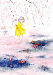A girl walking on the carpet of sakura petals floating on the watersurface