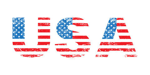 USA flag grunge text, American flag in letters, isolated on white background, vector illustration.