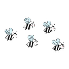 Swarm of bees black outline white background, isolated, vector illustration