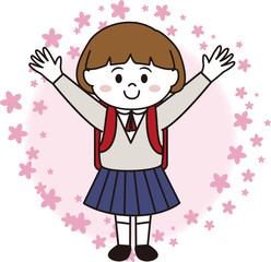 桜背景の小学生児童女子