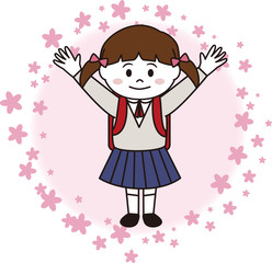 桜背景の小学生女子児童